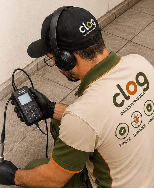 Técnico da Clog Desentupidora realizando caça vazamento em Guarapuava